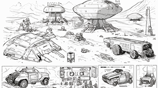 Mix set of all kinds of elements for a sci-fi story on mars, manga comic style, vector illustration, concept art, isolated elements, simple white background