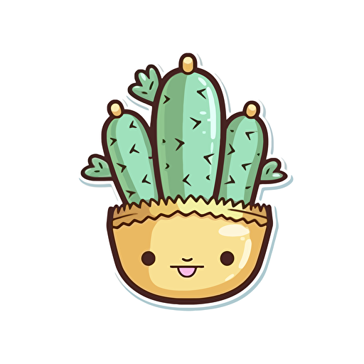 sticker, cute and happy, chubby saguaro cactus with crown on head, kawaii, vector, contour, white background