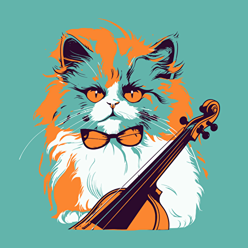 a fluffy calico wearing glasses playing with a string happily, pop art, vector art
