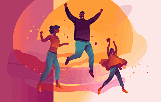 person illustration vector children, a girl, an adult and an older boy jumping, in the style of light indigo and maroon, princesscore, colorful animation stills, 1970–present, oversized objects, musical influences, subtle humor