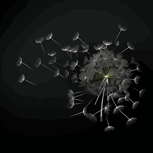 dandelion leaf flying, creative, 2d vector on black background