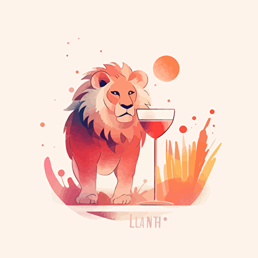 Lion, Sipping a Cocktail, Watercolor, Relaxed, Warm Lighting, Comic vector illustration style, flat design, minimalist logo, minimalist icon, flat icon, adobe illustrator, cute, Simple