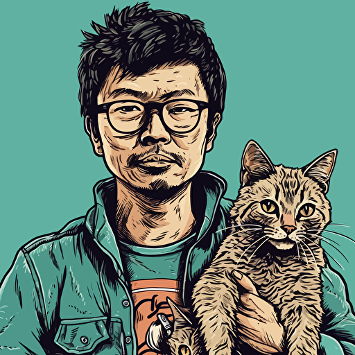 vector art style 28 year old asian cat man, in the style of Micheal Parks