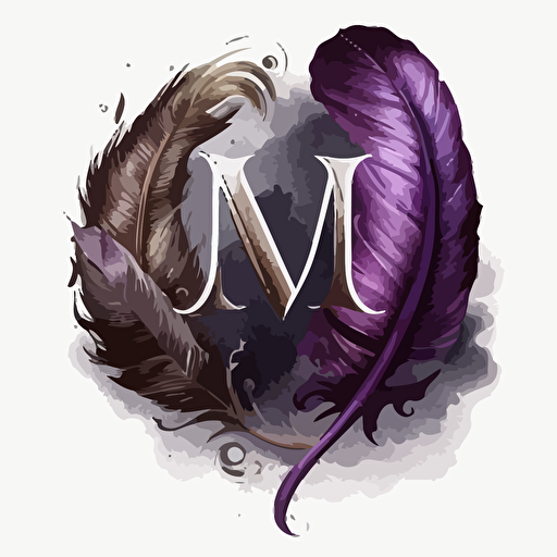 M and J as a logo using purple and grey with a quill feather vector style