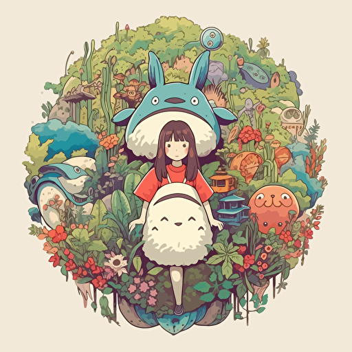 round up design with digital illustration of chihiro, no face, totoro, magic world inspired by Studio Ghibli, vector illustration, intricate details, unreal engine, extremely high detailing, sharp, white background