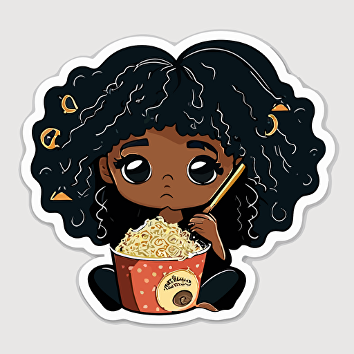 cute young black girl with natural hair eating ramen sticker art, vector, cut sticker