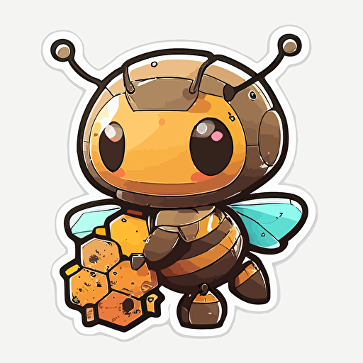 vector sticker design, kawaii cute style, yellow and brown robot honey bee , transparent background