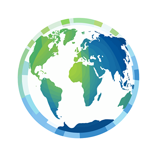 Blue and green world map in circle, trust, reliability, loyalty, growth, harmony, nature, vectorized, illustrator, flat, 2d, white background