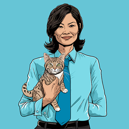 vector art style, 58 year old asian female executive, holding a cat, in the style of Micheal Parks