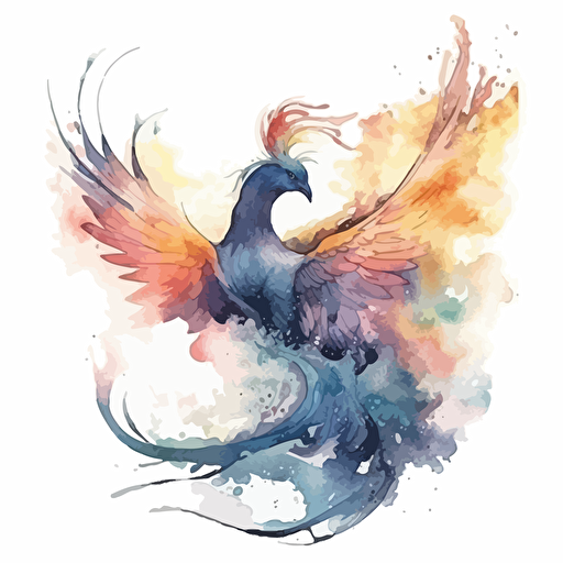 Vector illustration of Ethereal Phoenix, watercolour masterpiece, Ethereal Twilight color scheme, White background, Mystical Encounters