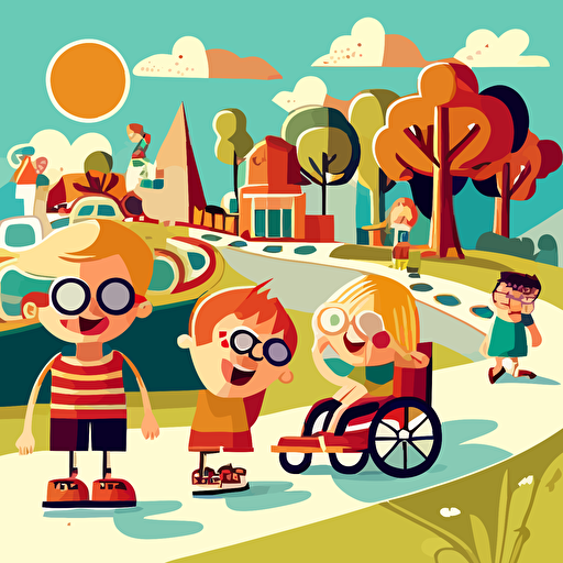 a vector lancdscape that is a cartoon style of children with special needs enjoying life