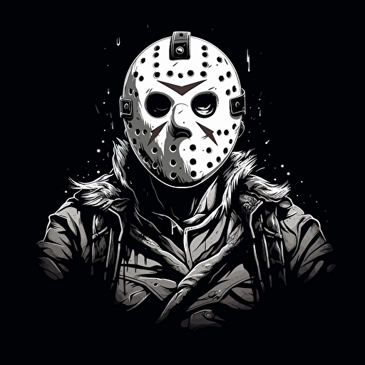 32 bit jason from Friday the 13th part 2, white on black background, no shading, 2D, vector