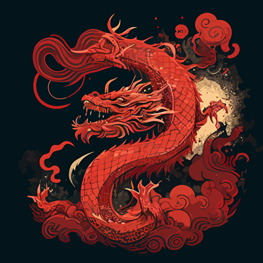 a flying chinese dragon, red::2, blue::0.5, gold::0.2, vector art