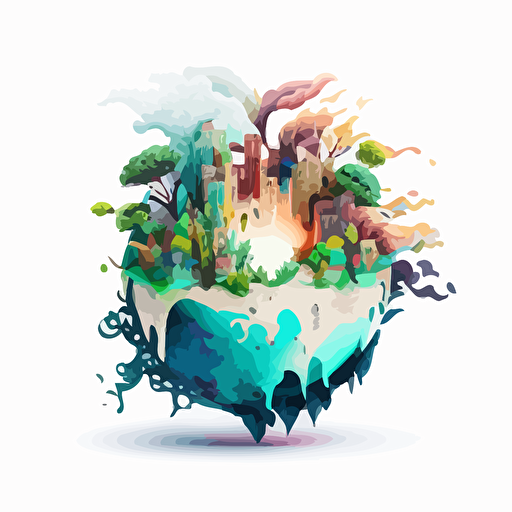 a 360°C model that explodes with an imaginary city and nature. Vector and childish style. Very colored. white background without shadow.