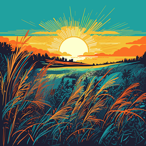 rural field of tall grass, blue sky, sun on the horizon, sunset, vectoral art, 60s pop art,