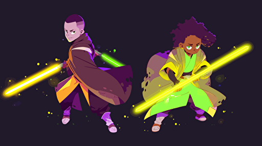 flat vector art, Jedi with green lightsaber, yellow and purple colors, brother and sister