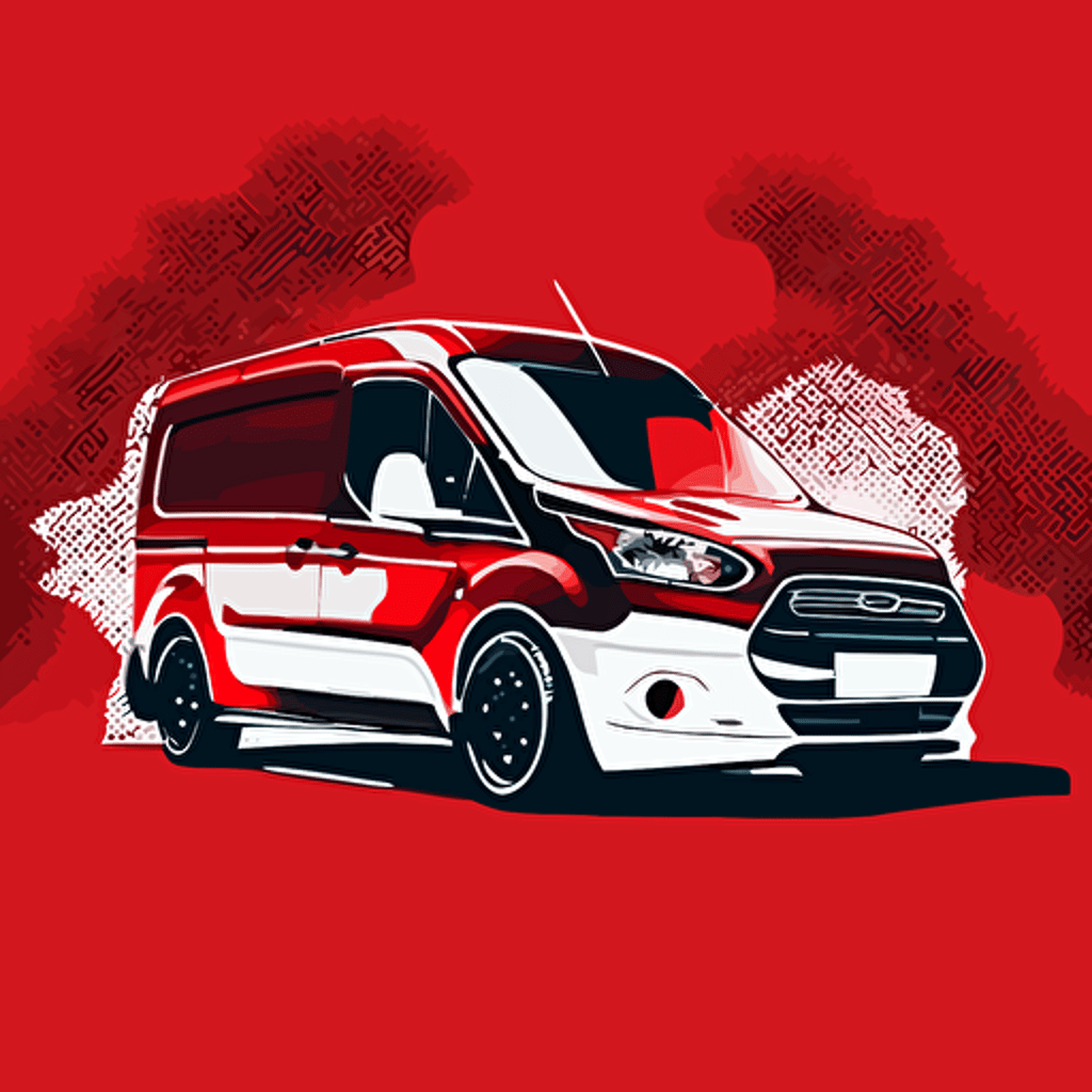 ford transit connect, silhouette, white color, red background, cartoon vector style