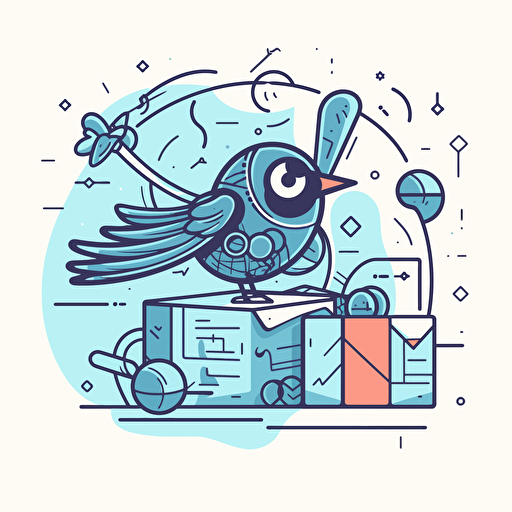Blue bird flying over gift boxes holding a magnifying glass. doodle style vector minimalist