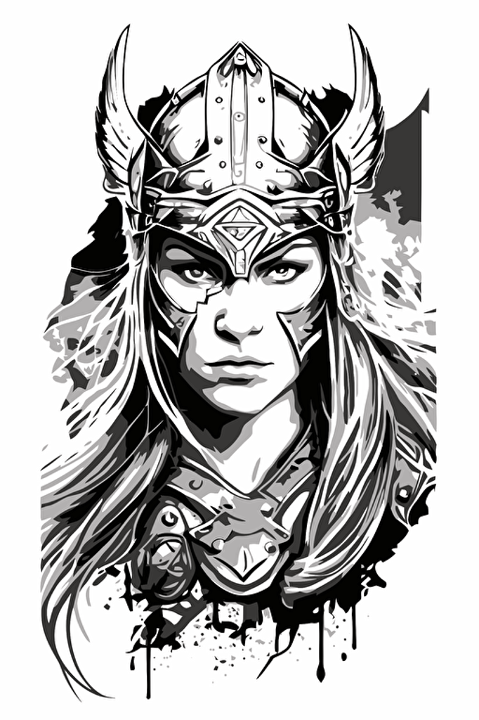 beautiful female viking face with battle scars wearing viking style helmet, white background, vector, black and white, coloring sheet