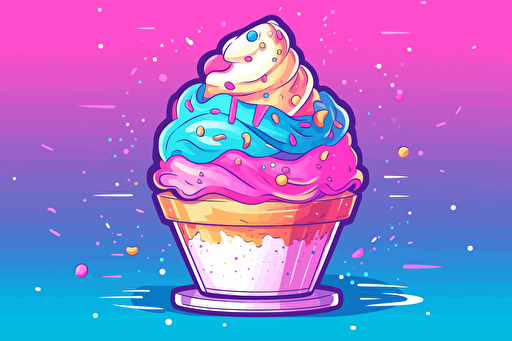 vector flat illustration of a delicious ice cream sundae with rainbow colored sprinkles and acid art style sauce in neon colors