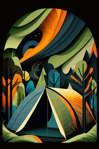 abstract camping, orange, green, khaki and blue colors, no text, pop art deco illustration, hand vector art, black background,
