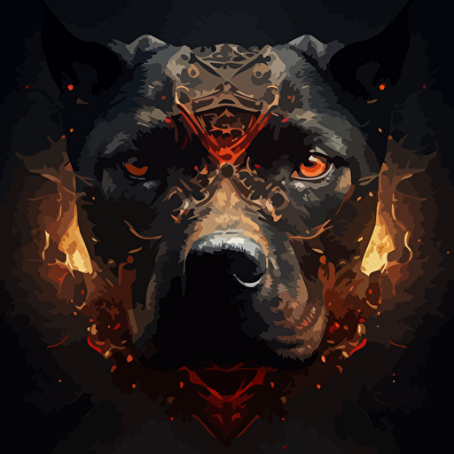 aggressive dog with very thick head:: 5scar over eye:: 2 vector logo: hells gates background
