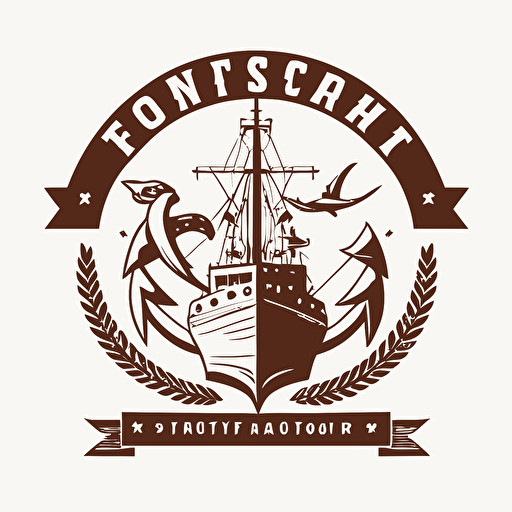 design logo for port with anchor and fish and ship, vector, minimalist, background white