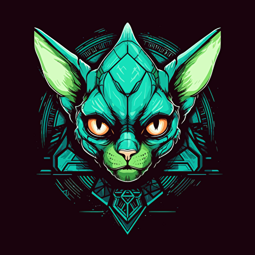 Logo, Menacing, Alien Mecha Cat, Sphynx, Diamond Skin, Green Eyes, Big Ears, Triangle Base, Vector Style,
