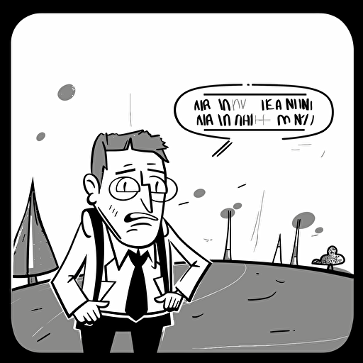 businessman in the forest looking for a way, illustration, black and white vector style, business coaching context