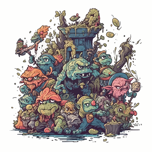 a goblincore scene in detailed drawing style + simple vector + bright colors on a white background
