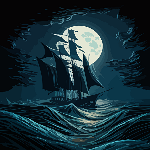 nautor swan 53 at night on rough seas with huge moon. shades of blue vector style.
