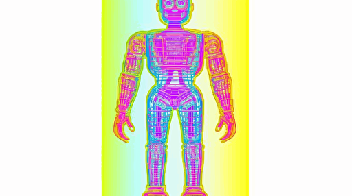 retro 70's style robot, vector, psychadelic, vibrant colors, pinks, blanks and cyans, wireframe