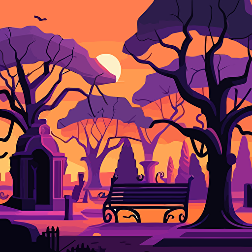 Inspired by Salvador Dalí's surrealism, create a vector illustration of a dreamy city park, where trees have melting clocks as leaves and anthropomorphic benches are having a conversation. Set the scene during a sunset with a purple and orange sky.