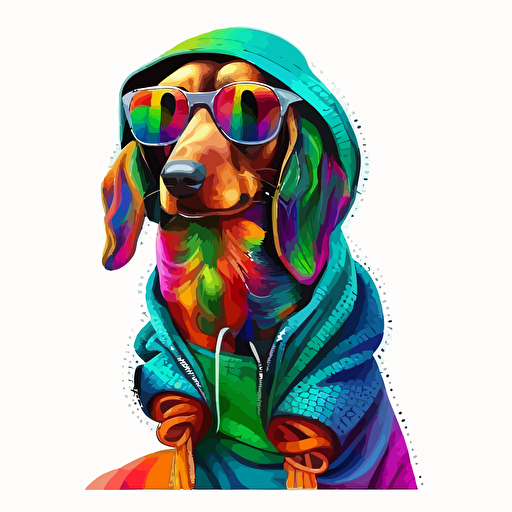 standard dachshund with tail + wearing a hoodie and cool sunglasses, anthropomorphic, vector illustration, vibrant colors, dye-sublimation, white background