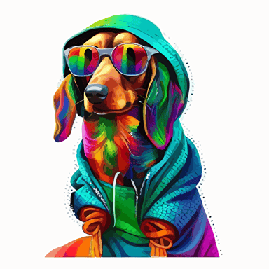 standard dachshund with tail + wearing a hoodie and cool sunglasses, anthropomorphic, vector illustration, vibrant colors, dye-sublimation, white background