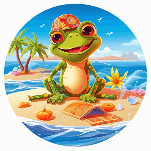funny cute frog in a swimsuit on the beach, cartoon, vector style