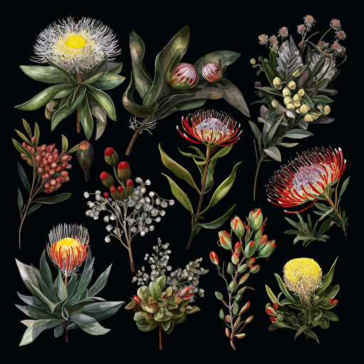 A collection on black with australian native flowers, watercolour, vector, clipart, intricate, ultra-detailed, vivid colours, high definition, UHD