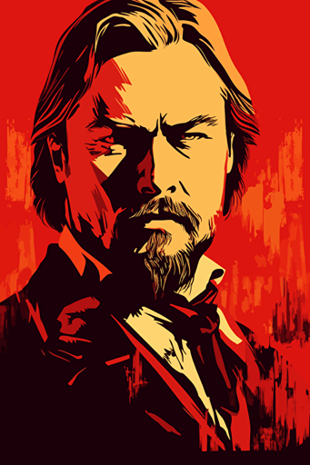 leonardo dicaprio in django unchained, front view, poster, vector, gritty, detailed, red background,