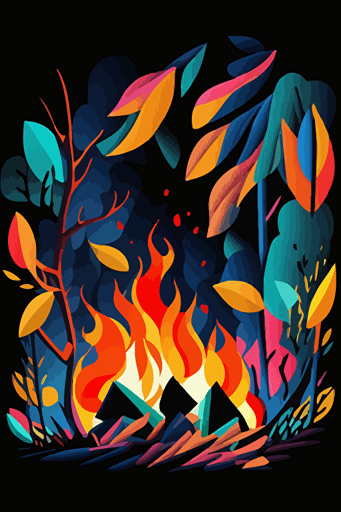 abstract campfire, simple shapes, vivid colors, pop art deco illustration, hand vector art, black background,
