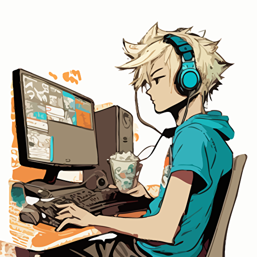 a vector art 13 year old gamer who is a white boy with blonde not fluffy hair and loves editing videos as well