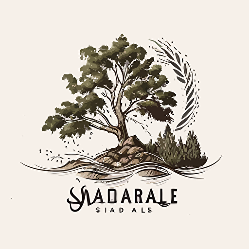 simple 2D logo for a landscaper, with a brush drawing a maysage with a tree and a river in vector quality