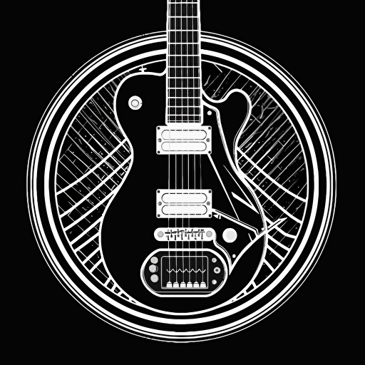 a band logo with velocity stacks on a guitar, white on black, clean vector