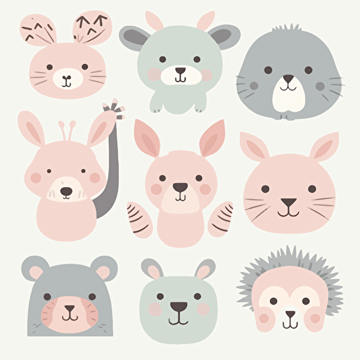 A flat vector illustration of a set of cute animal clip art in pastel colors, perfect for decorating a nursery or child's room
