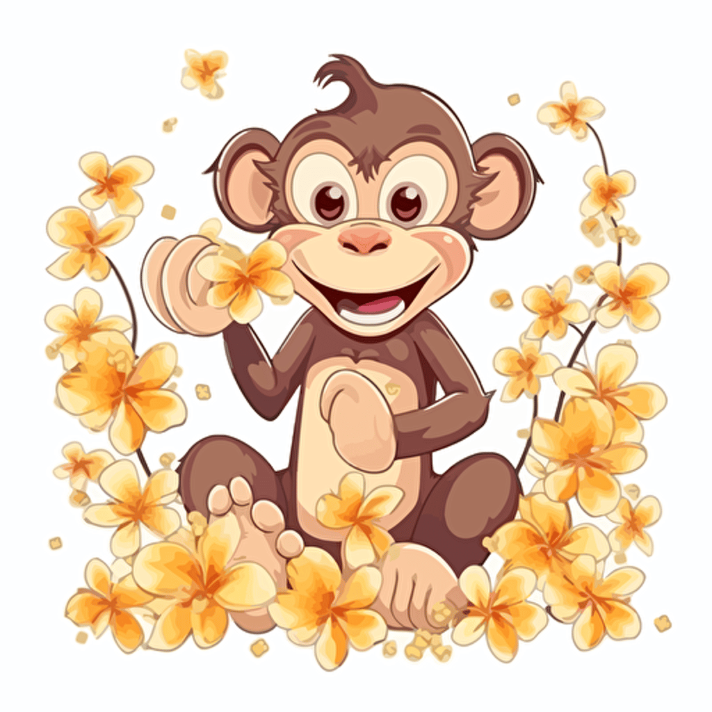 cute monkey with flowers, detailed, cartoon style, 2d clipart vector, creative and imaginative, hd, white background