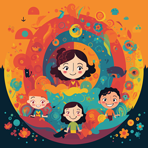 an illustration vector of two kids and their two parents doing yoga together :: kids are in the center of the illustration and the adults are on the sides :: adobe illustrator style, happy faces, colored with hex: 90caf9 and hex: ffb347, UHD