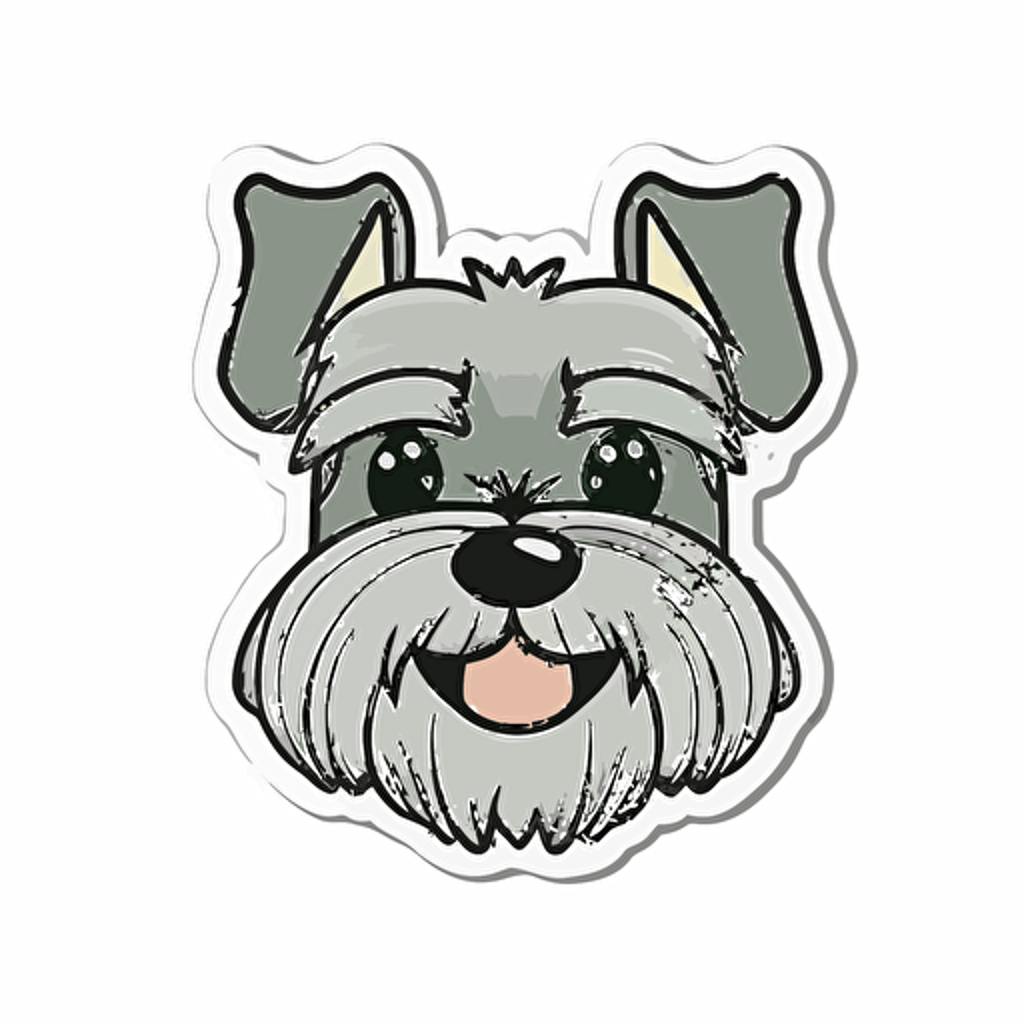 Cute, happy, smiling miniature schnauzer dog head sticker logo, chibi style, cartoon, clean, vector, 2d, white background, no accessories, without accessories, no text, without text
