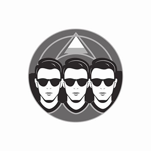 a vector, black and white simple logo showing three men sun glasses in front of a alien spaceship, no background