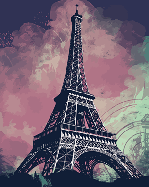 eiffle tower, retro aesthetics, vector image, sticker design, pantone color scheme: 12-1706 TCX, 12-0824 TCX, 15-0146 TCX, 15-1164 TCX, 16-6340 TCX, 17-4247 TCX, 18-2043 TCX, 19-6026 TCX. The final piece should exude a warm, holiday-like ambiance.