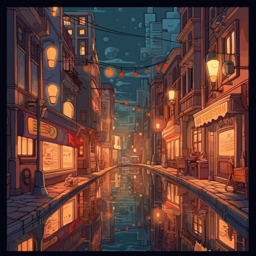 If you die, you start over again And everything will repeat, as of old: Night, icy ripples of the channel, Pharmacy, street, lamp :: vector cartoon style ar 3:2