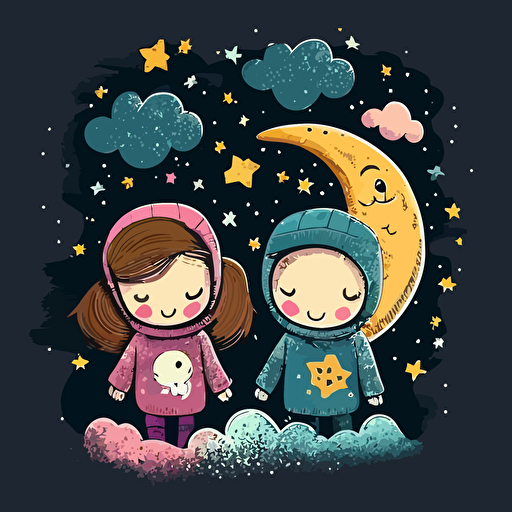 Vector art, Make a logo for a children's clothing store (With a girl and a boy), Children's, Colorful, Happy, Fun, Playful, Joyful, Bright, Cheerful, Night, Stars, Moon, Clouds, Dreamy, Mysterious, Magical, Soft, Cozy, Warm, Friendly, Welcoming, Materials, Cotton, Denim, Wool, Polyester, Rayon, Silk, Camera settings, High-resolution, Wide angle lens, Shallow depth of field, Bokeh effect, Soft lighting, Warm tones